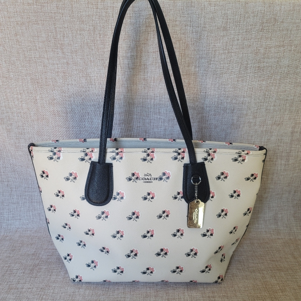Coach Badlands white/pink Floral City Zip Top Tote Bag Shoulder Bag